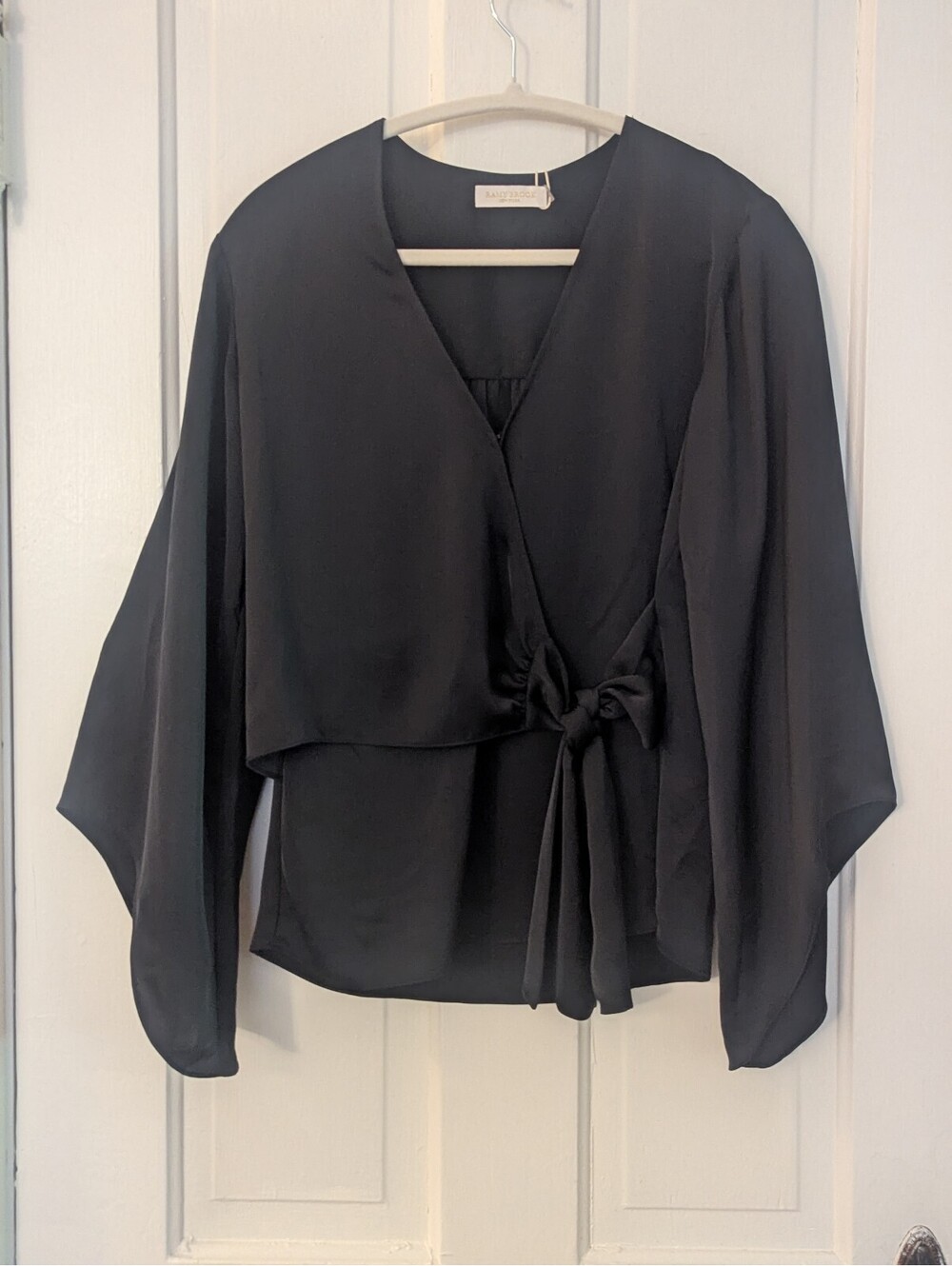 NWT RAMY BROOK CASSANDRA BLACK WRAP BLOUSE KIMONO SLEEVE TIE FRONT | SIZE XXS